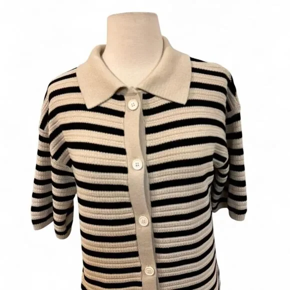 Apricot Women's Tan Black Cardigan Small Minimalist Preppy Short Sleeve Capsule - Picture 3 of 6